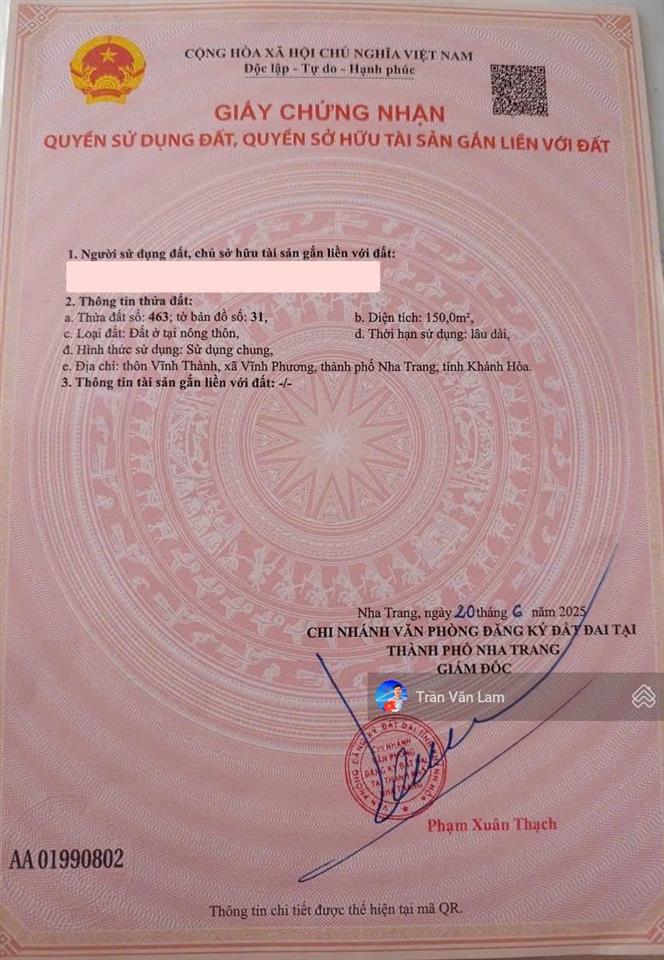 Bán đất ngang 7.8m  full thổ cư  gần nguyễn xiển, bắc nha trang (vĩnh phương)  giá chỉ 3.1 tỷ