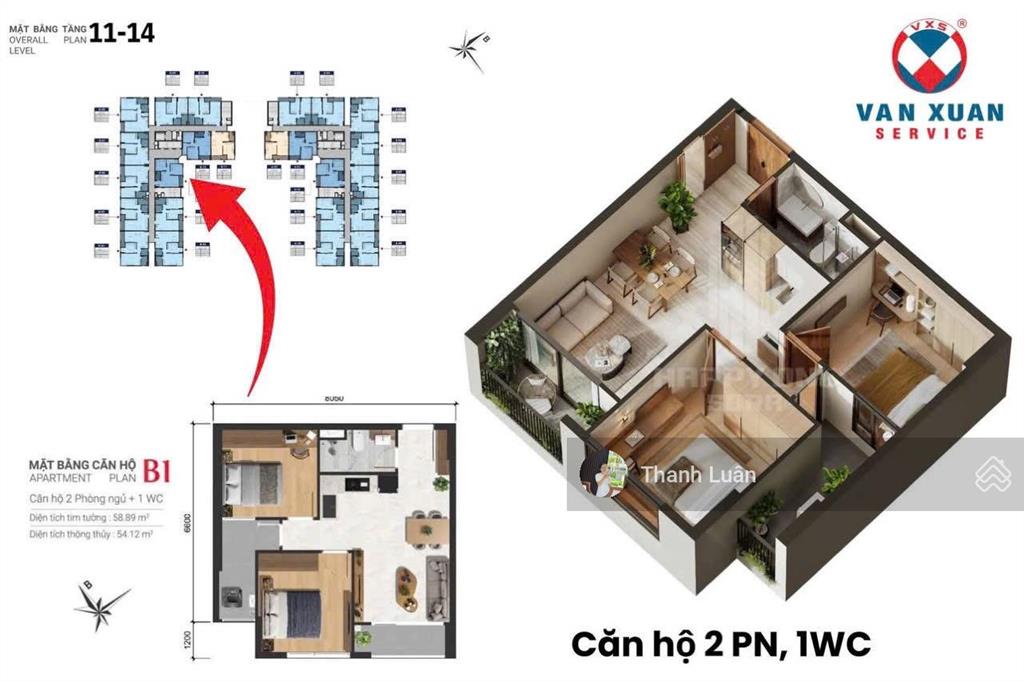 Chính chủ cần ra căn 59m2 2pn1wc hướng đông nam tầng 8 giá 2.9 tỷ tại happy one sora