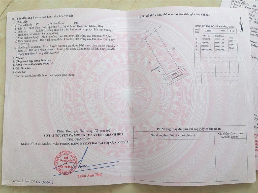 Bán lô đất thôn ngọc sơn, xã ninh an, ninh hoà, cạnh dt7 giá rẻ 323m2