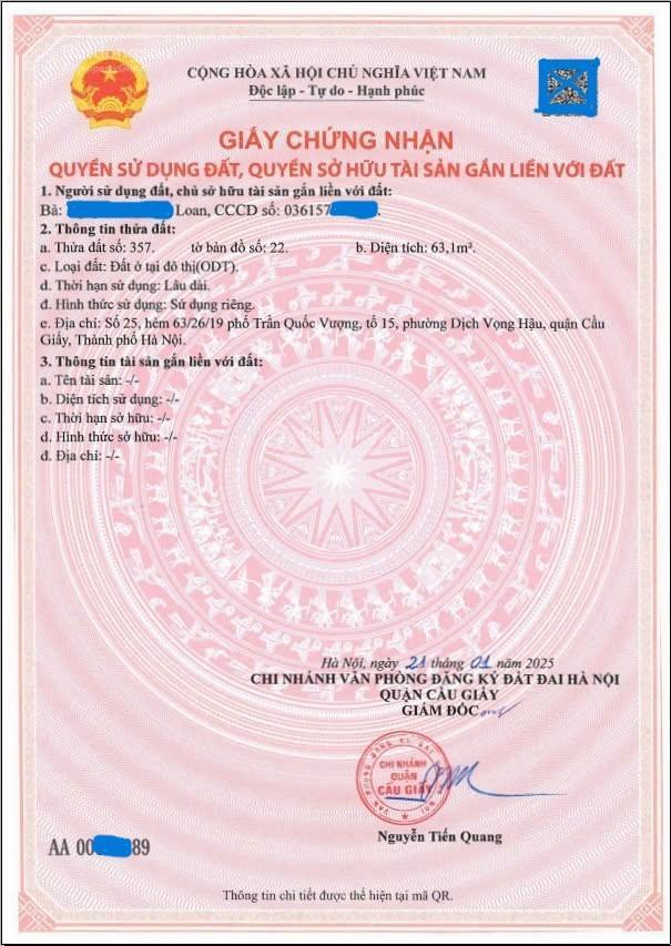 Cc bán đất, tặng nhà, 2 thoáng, ngõ 63 trần quốc vượng, dịch vọng hậu, sát gần sun feliza suites.