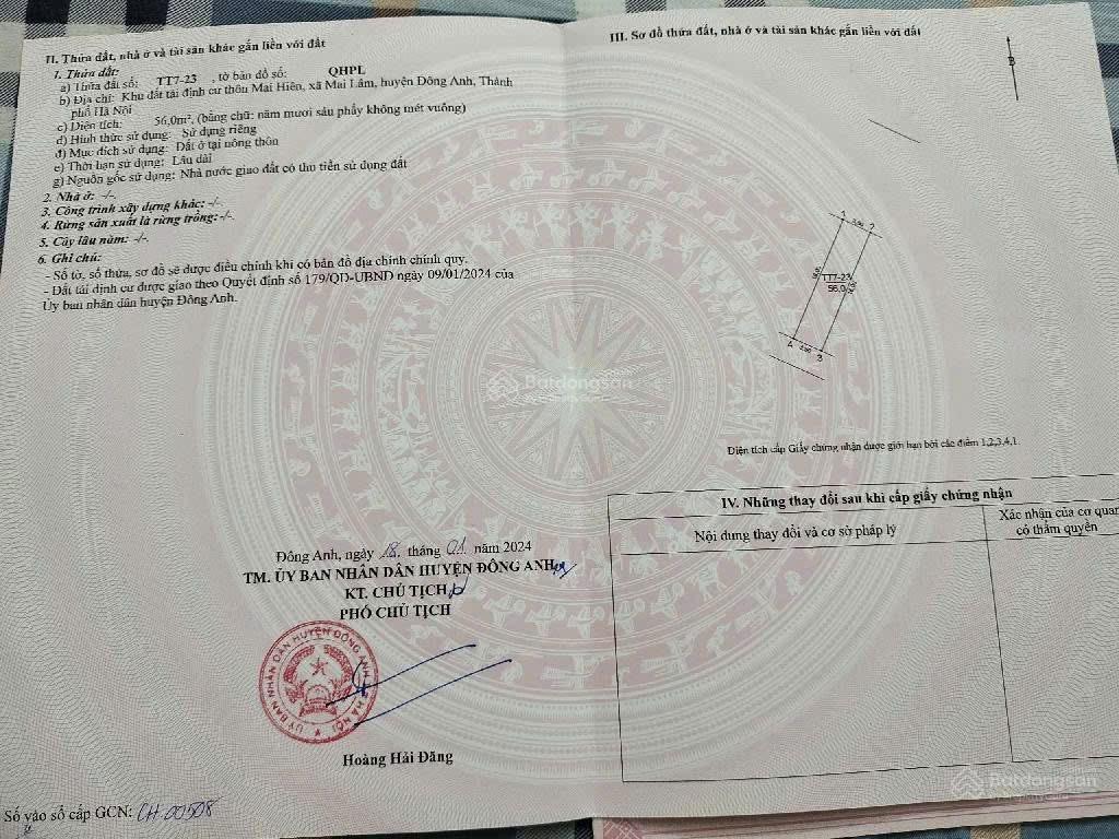 Đất tái định cư mai hiên, đông anh, chính chủ cần bán 56m2 vị trí trung tâm trước mặt là vườn