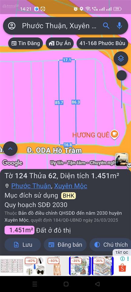 Bán đất tại đường oda, xã hồ tràm, giá rất mề đầu tư 8,5 triệu/m2, 1000m2