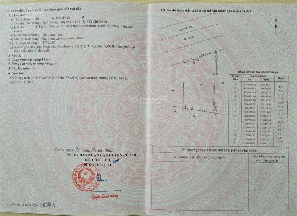 Đất vườn củ chi đất vườn mt kênh n25, giá 1,6 tỷ/1115m2