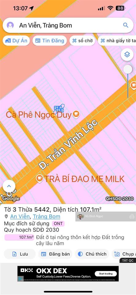 Hàng hiếm tại bán đất trần vĩnh lộc, 1,08 tỷ, 107 m2, trảng bom, đồng nai