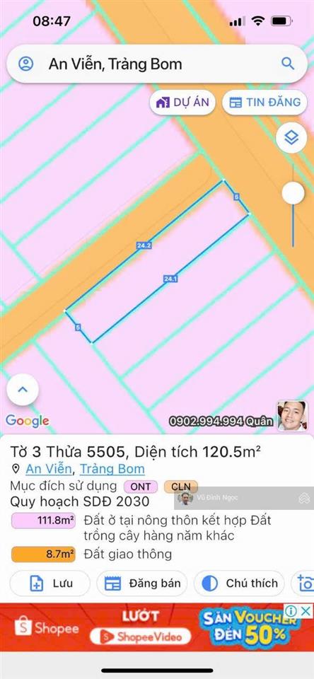Bán đất góc 2 mặt tiền 120m2 giá tốt tại trần vĩnh lộc, an viễn, trảng bom, đồng nai