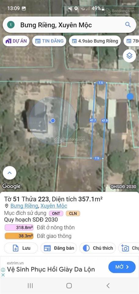 Bán đất thổ cư 357.1m2 ngay trung tâm bưng riềng, mặt tiền 7.5m, cách biển hồ tràm chỉ 10 phút