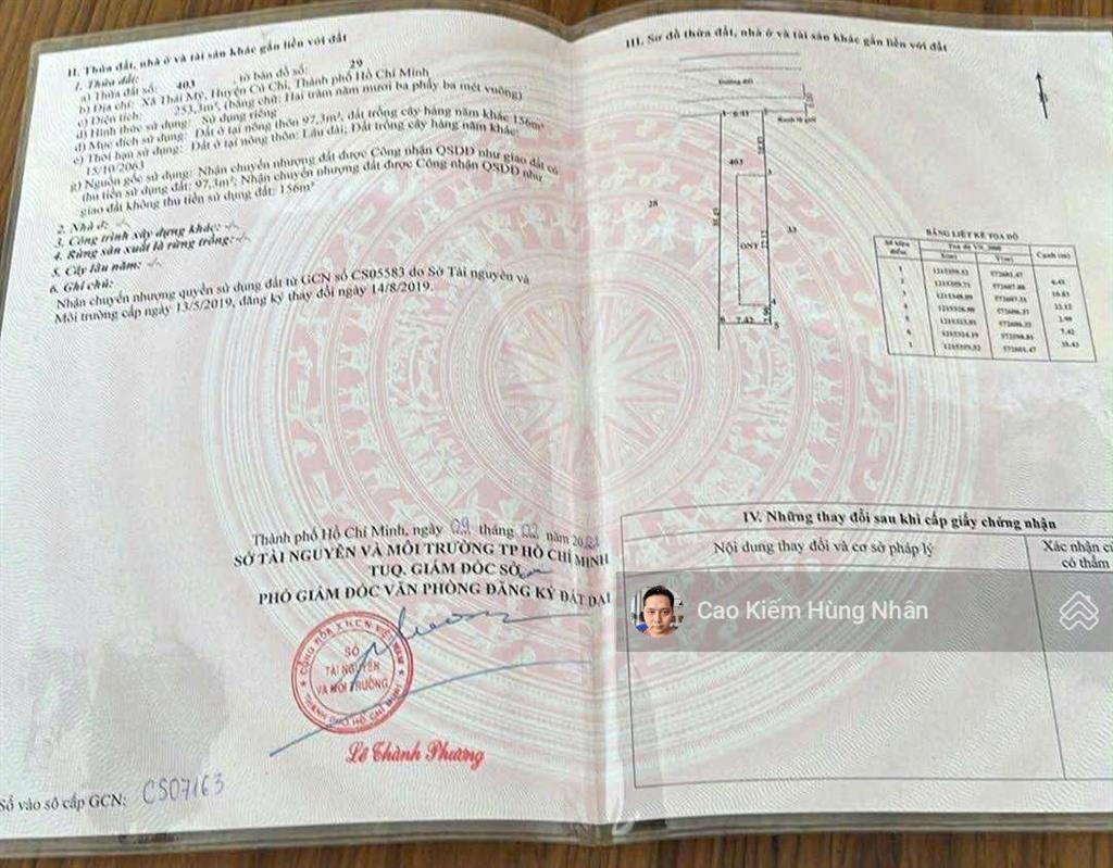 Bán đất giá rẻ xã thái mỹ 253m2 thổ cư 97m2 (6.4x36m). giá bán 1 tỷ 850 triệu có thương lượng