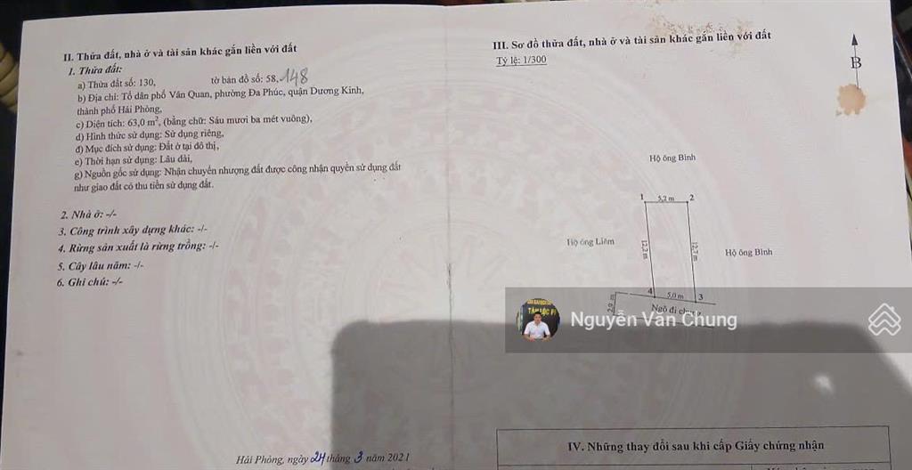 Bán lô đất 63m2 mặt ngõ 4m tại vân quan  hưng đạo (đa phúc, dương kinh cũ) giá chỉ 2x triệu/m2