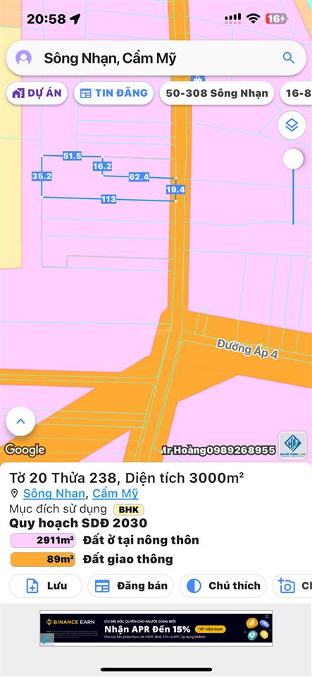 Đất 3000m2 tại ấp 4 xã sông nhạn, cẩm mỹ, đồng nai, cổng b sân bay long thành