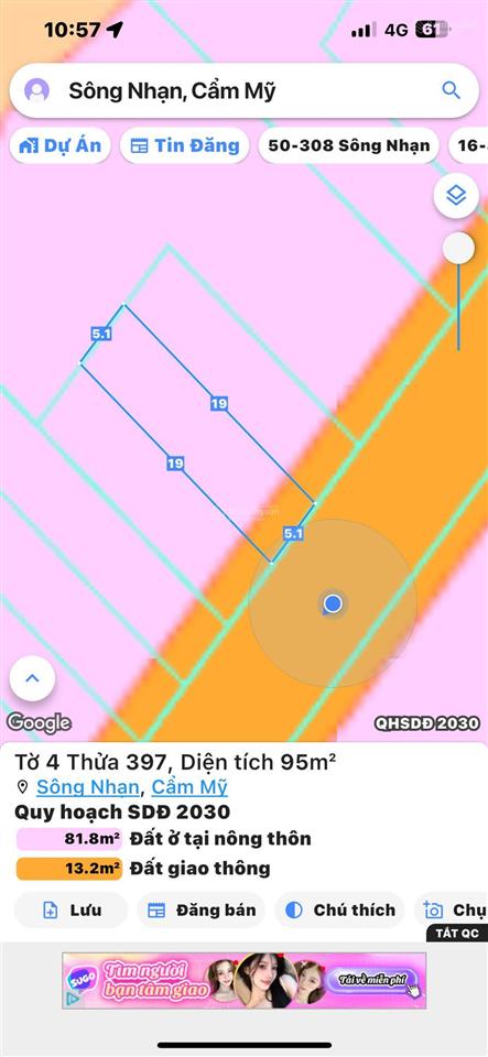 Nền thổ cư 550tr thuộc ấp 1 xã sông nhạn cẩm mỹ