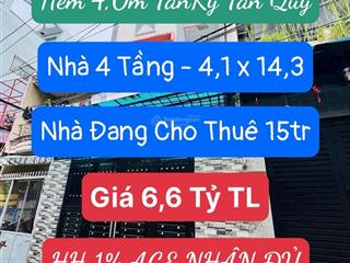 Nhà 4 tầng hẻm 4,0m 188/29/16 tân kỳ tân quý đang thuê 15tr/th giá 6,6t tl . vũ lộc phát 0934 033 ***