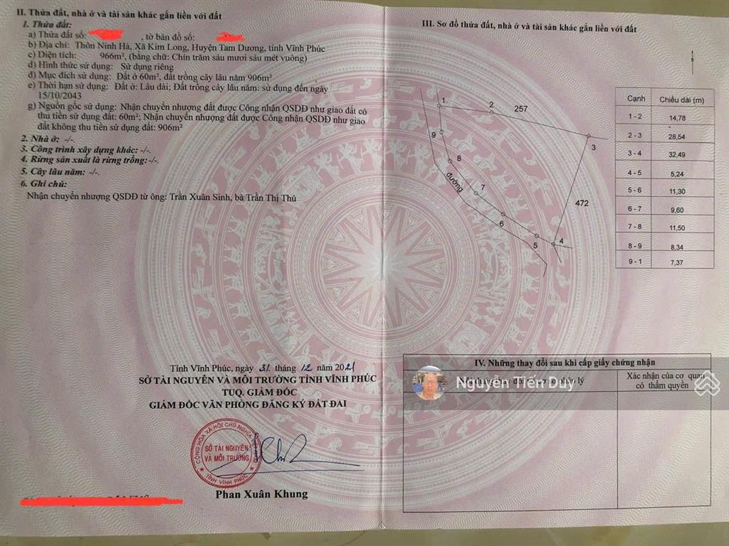 Bán 966m2 mặt tiền 43m đất ninh hà  kim long cũ  giờ là tam dương  phú thọ ngay gần nhà văn hoá