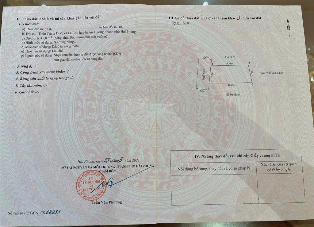 Lê lợi  an dương  hải phòng. dt 45m2. bán kính 200m cách đường world bank, chợ, tt xã lê lợi