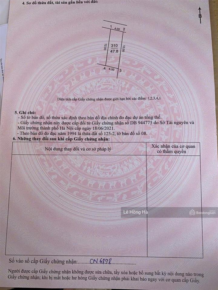 Bán đất 47.8m² thôn tiên hội đông hội  ngõ 2m, cách ô tô 50m  giá 90tr/m² có thương lượng