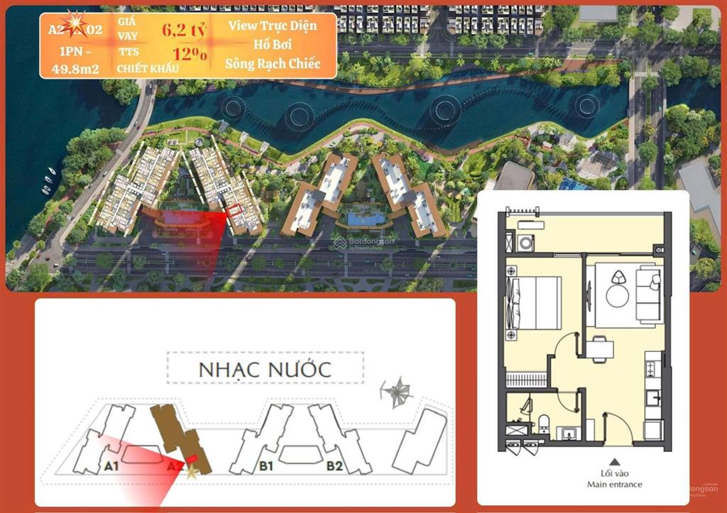 Hot! duy nhất căn hộ 1pn  6,2 tỷ view trực diện hồ bơi, view sông