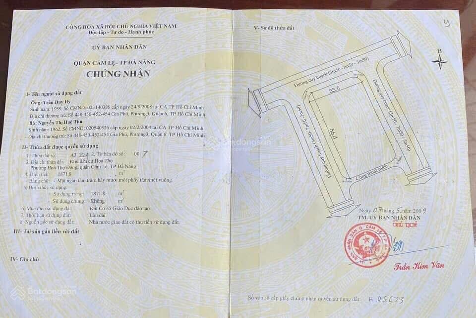 1.872m2 đất xây trường học cho ai cần bán đất 3 mặt tiền đường bùi vịnh, đà nẵng
