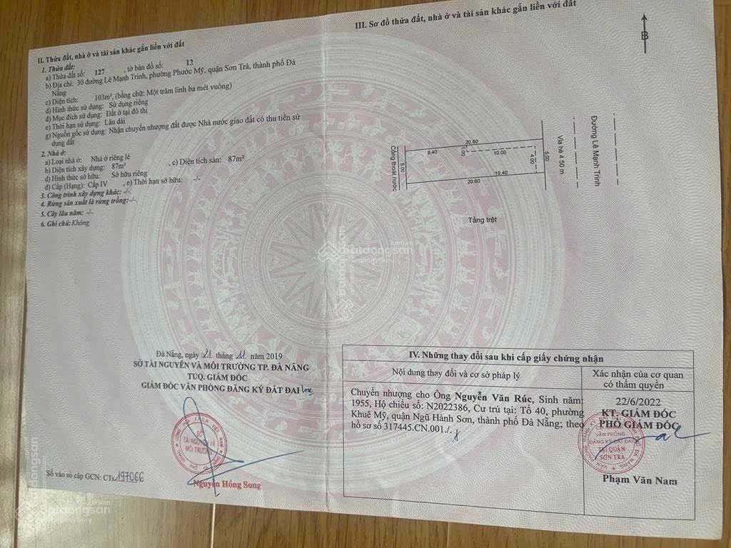 Siêu rẻ lô đất đẹp đường lê mạnh trinh, 103m2 ngang 5m, hướng đông đi bộ ra biển 200m đi bộ