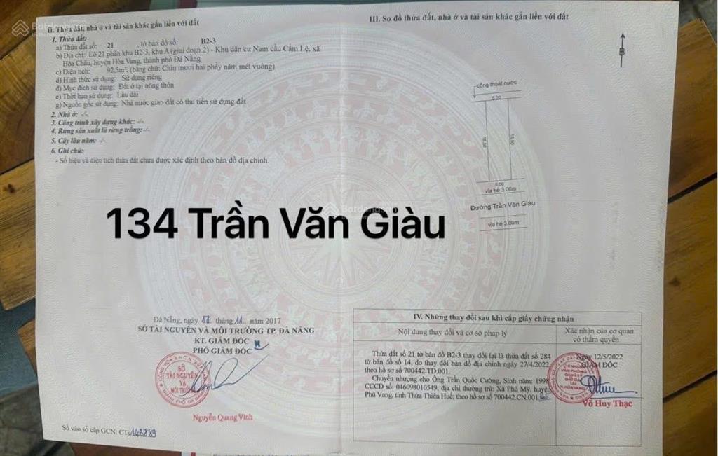 Bán lô đường 5.5m trần văn giàu hoà xuân cẩm lệ