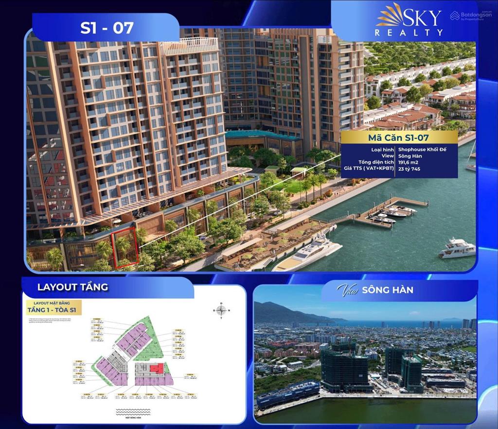 Căn shop khối đế 2 tầng mt sông hàn, duy nhất ngang 8.4m giá chỉ 24 tỷ 7 sun symphony residence