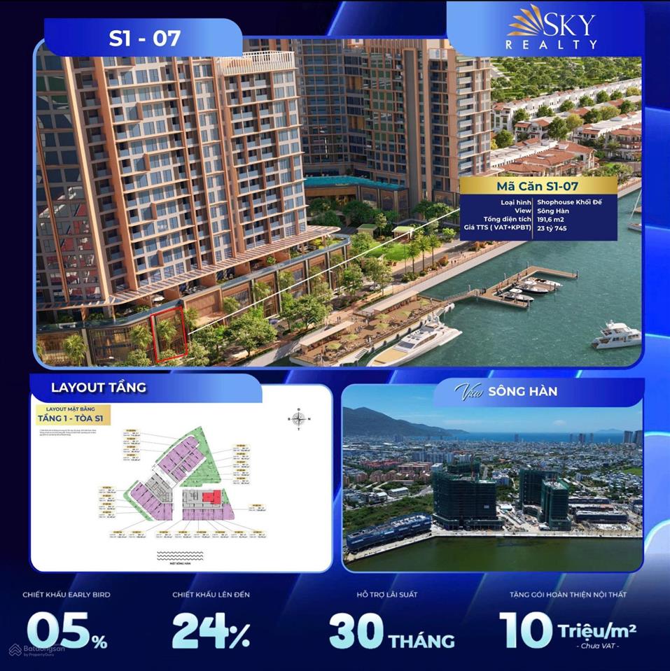 Căn shop khối đế 2 tầng mt sông hàn, duy nhất ngang 8.4m giá chỉ 24 tỷ 7 sun symphony residence