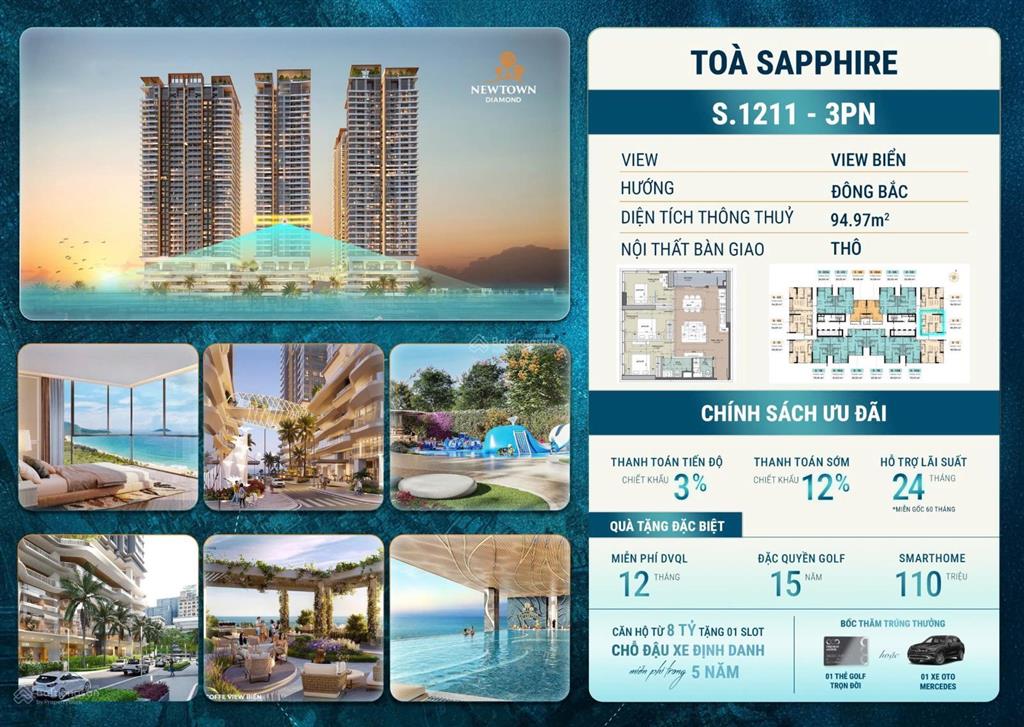 77,8 triệu/m2 đối với căn hộ 3pn( 95m2) có view trực diện biển, ks sheraton dự án newtown diamond