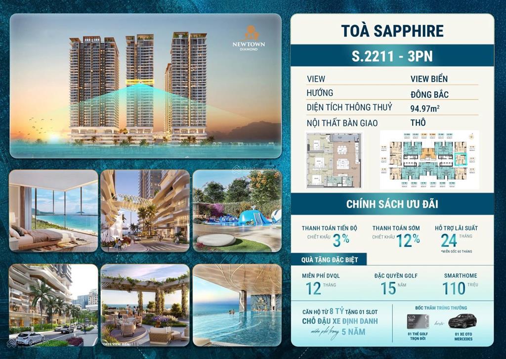 77,8 triệu/m2 đối với căn hộ 3pn( 95m2) có view trực diện biển, ks sheraton dự án newtown diamond