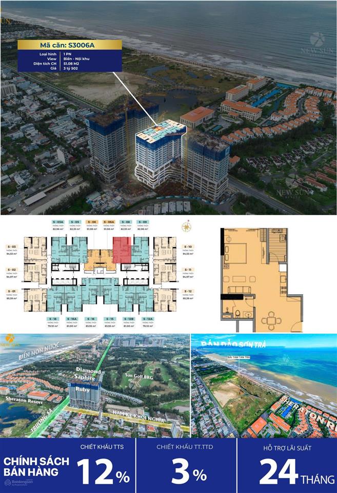 Căn 1pn (44,88m2) dự án newtown diamond đà nẵng  bđs biển khai thác dòng tiền tốt cho nđt