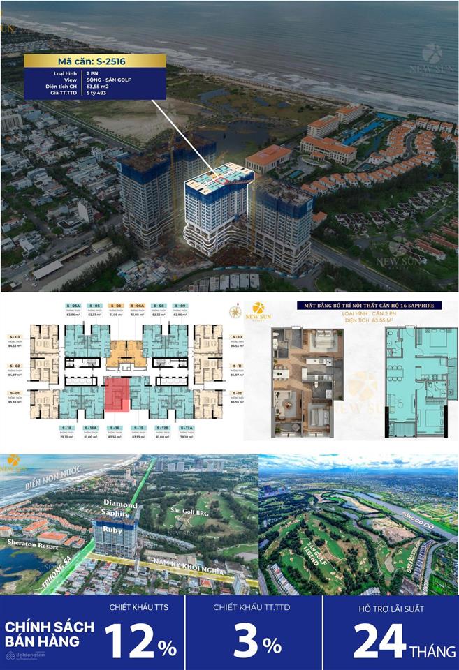 62 triệu/m2 sở hữu ngay căn hộ biển 2pn, dt 83,55m2 view sân golf brg (350 ha) tại tp đà nẵng