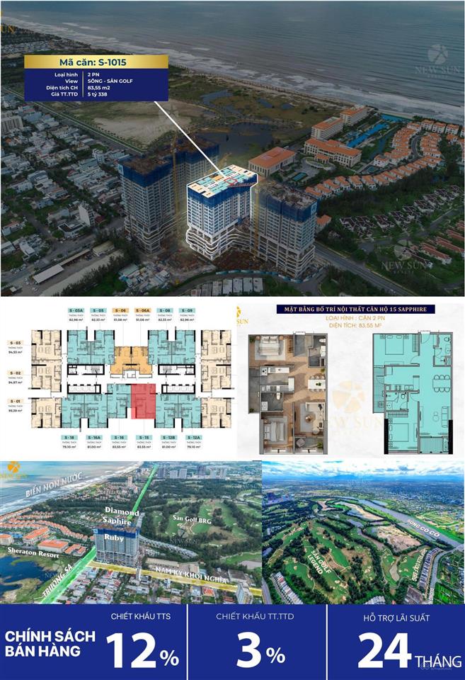 62 triệu/m2 sở hữu ngay căn hộ biển 2pn, dt 83,55m2 view sân golf brg (350 ha) tại tp đà nẵng