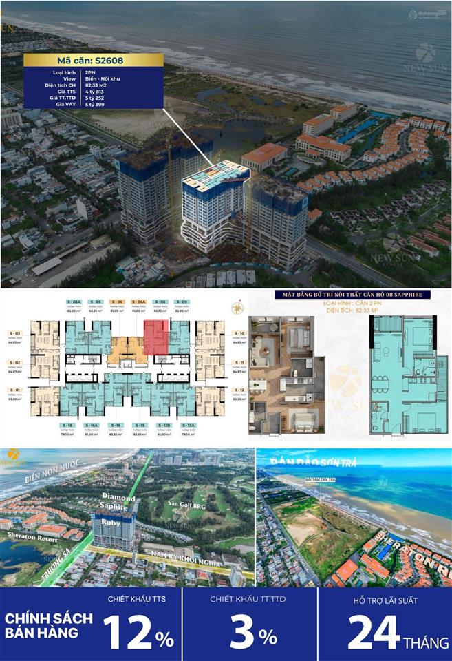 Quỹ căn độc quyền trục 05, 08 giá tốt, 2pn view biểndt 82,3m2 căn hộ biển newtown diamond đà nẵng