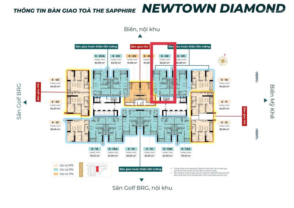 Quỹ căn độc quyền trục 05, 08 giá tốt, 2pn view biểndt 82,3m2 căn hộ biển newtown diamond đà nẵng