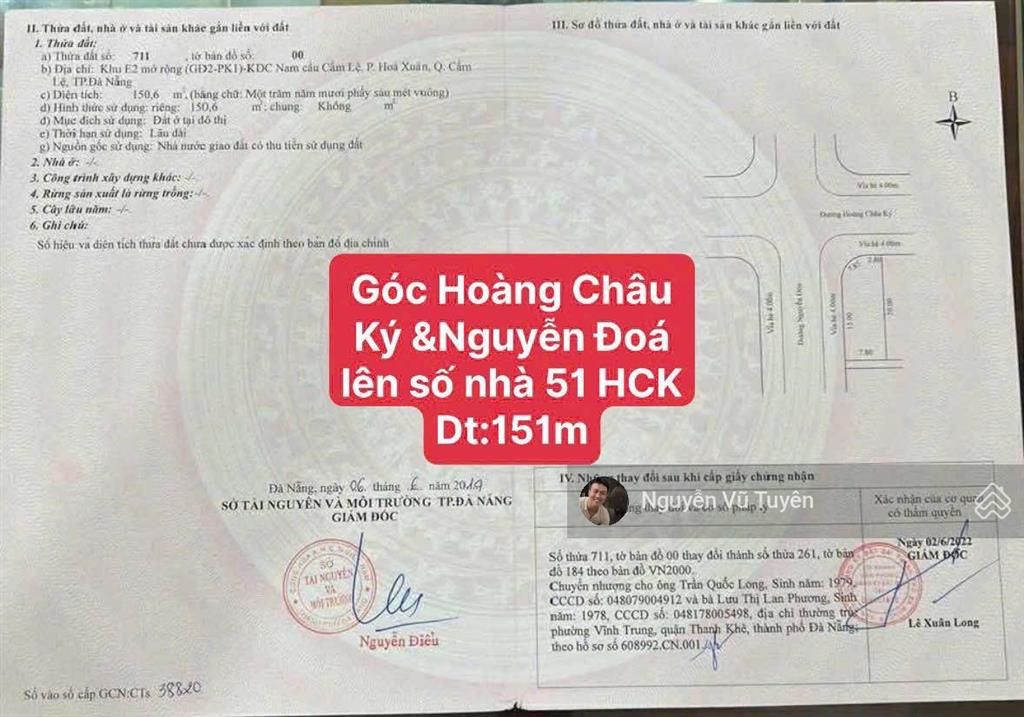Bán lô góc 2 mặt tiền đường hoàng châu ký nguyễn đoá hoà xuân đà nẵng