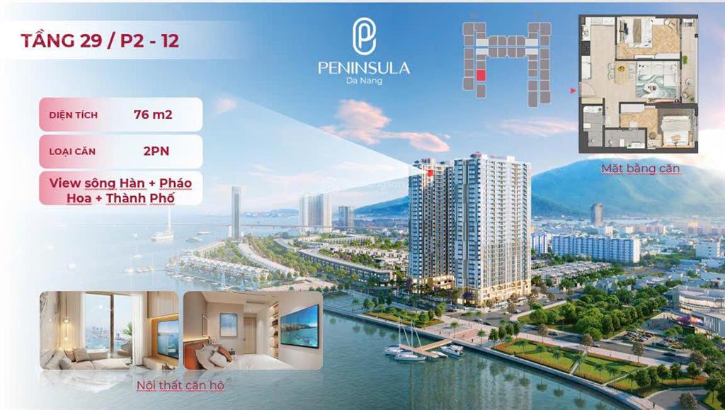Suất ngoại giao căn trực diện sông & pháo hoa 62,7m2 peninsula căn 2pn tầng cao, giá gốc từ cđt
