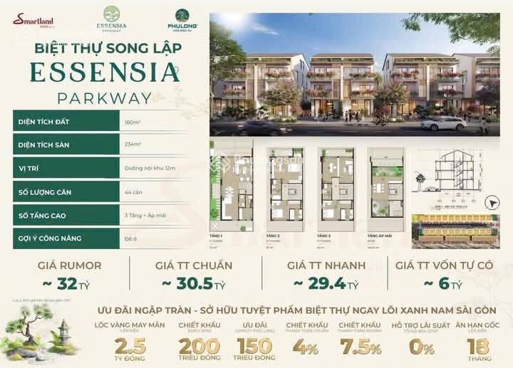 Bán biệt thự essensia parkway, mt nguyễn hữu thọ 34 tỷ, 160m2, 4pn, 3wc, giá cực chất