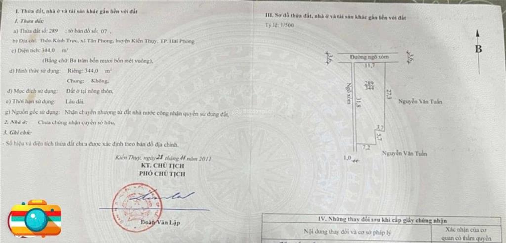 Chính chủ gửi bán lô đất thông kính trực, tân phong, kiến thuỵ. diện tích 344m2, mặt tiền 3m6