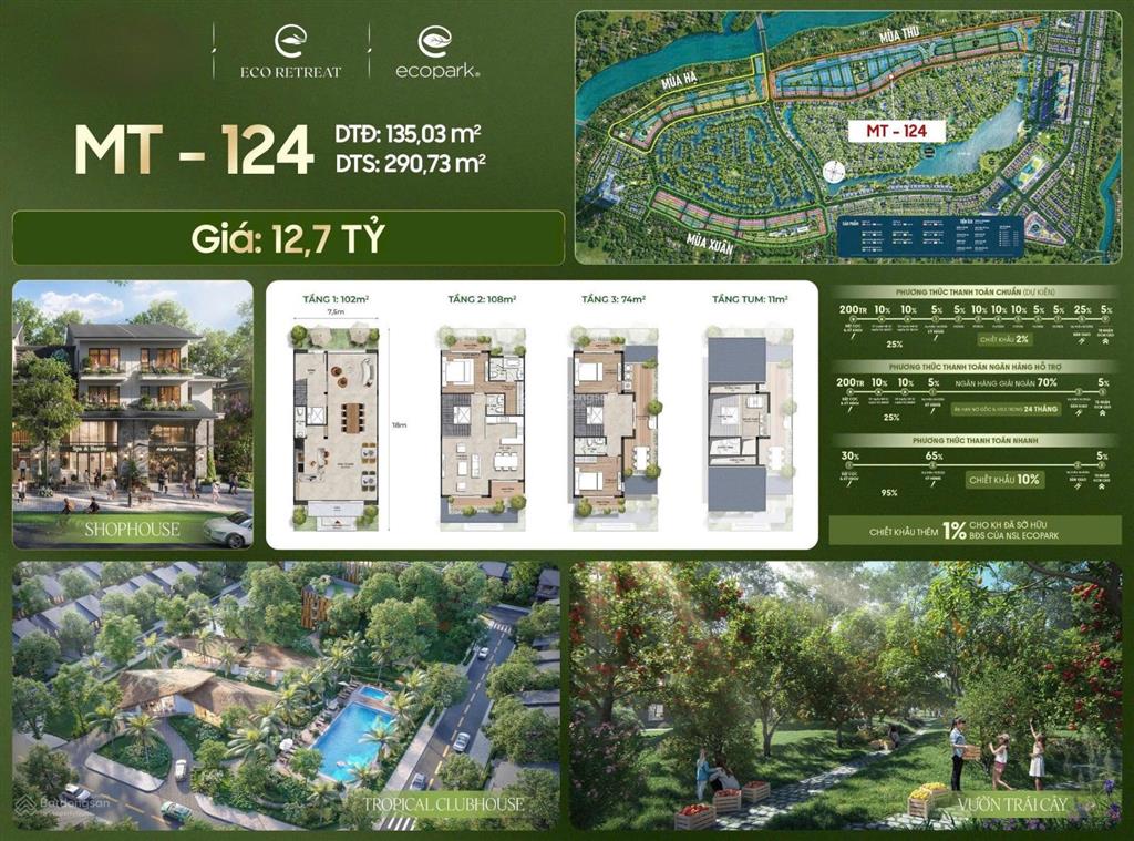 Cần bán shophouse (7,5x18m) mùa thu 1 trệt 2 lầu 1 tum hướng đông nam. giá 13.3 tỷ full thuế phí