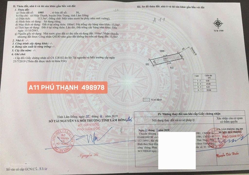 Bán đất thổ cư 1,5 tỷ, diện tích 113 m2, thổ cư 100 m2, tại hiệp thạnh, lâm đồng, cách sân bay 4 km