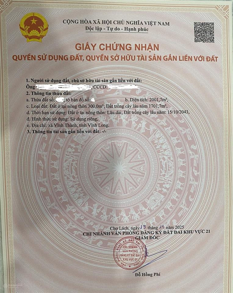 Bán 2001 m2 đất vườn, mặt tiền lộ dal. xã vĩnh thành, chợ lách, bến tre