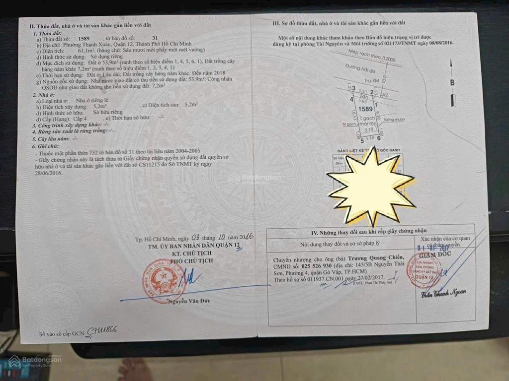 Bán đất mặt tiền rạch tx33, phường thới an, xiện tích 61 m2, giá 4,38 tỷ