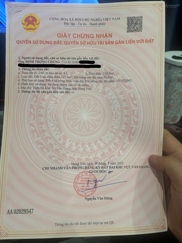 Chính chủ bán lô đất gần đường 379, sát vành đai 4, văn giang, hưng yên, 5,5 tỷ, 150,8 m2 siêu hot