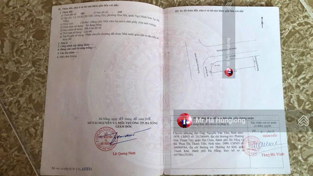 Bán lô 2 mặt tiền lê như hổ và đông hải 10, dt 139,9m2