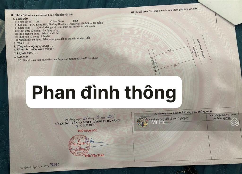 Chính chủ cần bán nhanh lô đất đường phan đình thông tđc đông hải, ngũ hành sơn, đà nẵng