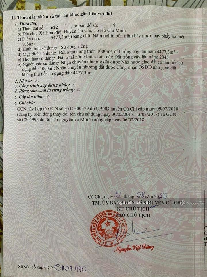 Bán đất mặt tiền đường bê tông 5477m2 (thổ cư 1000m2) xã hoà phú, h củ chi, tphcm 17 tỷ