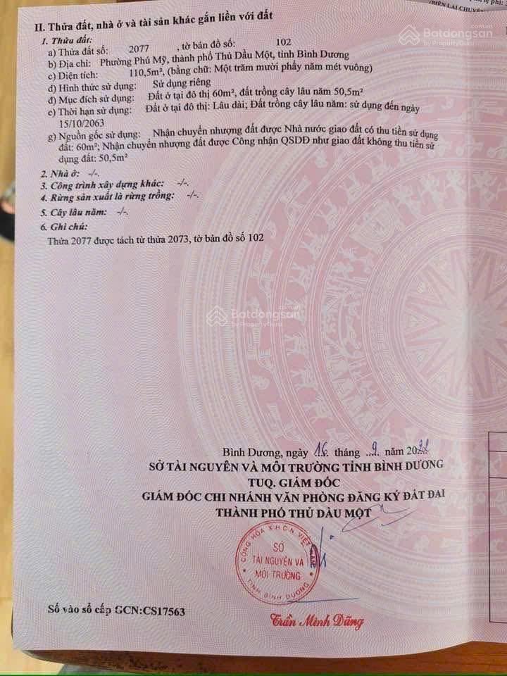 Đất mặt tiền nhựa 5m dx057 phú mỹ, dt 4m5x25(60m2 thổ cư) giá 2tỷ790 tl