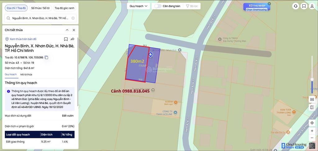 Bán đất 380.4m2 đường nguyễn bình, xã nhơn trạch, nhà bè, tp hồ chí minh