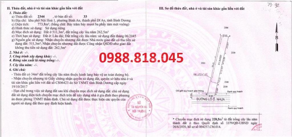 Bán đất khu phố nội hóa 1, phường bình an, tp dĩ an, tỉnh bình dương, 773.8m2, mt 10m, đường 8m mt