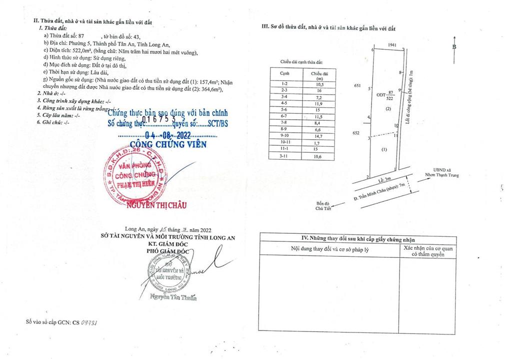 Chính chủ bán 522m2 đất thổ, mặt tiền đường trần minh châu p5 tp. tân an, tỉnh long an (cũ)