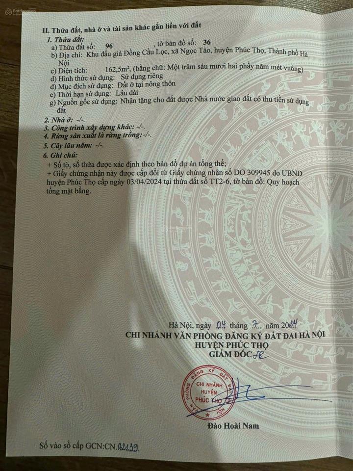 Bán đất đấu giá đồng cầu lọc ngọc tảo, phúc thọ, hà nội diện tích 162m²