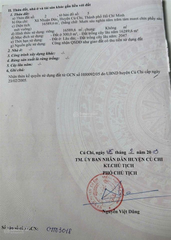 Bán đất mt đường tỉnh lộ 15, xã nhuận đức. dt 16.589m2 có sẵn 300m2 thổ cư. giá 41 tỷ  2,5tr/m2