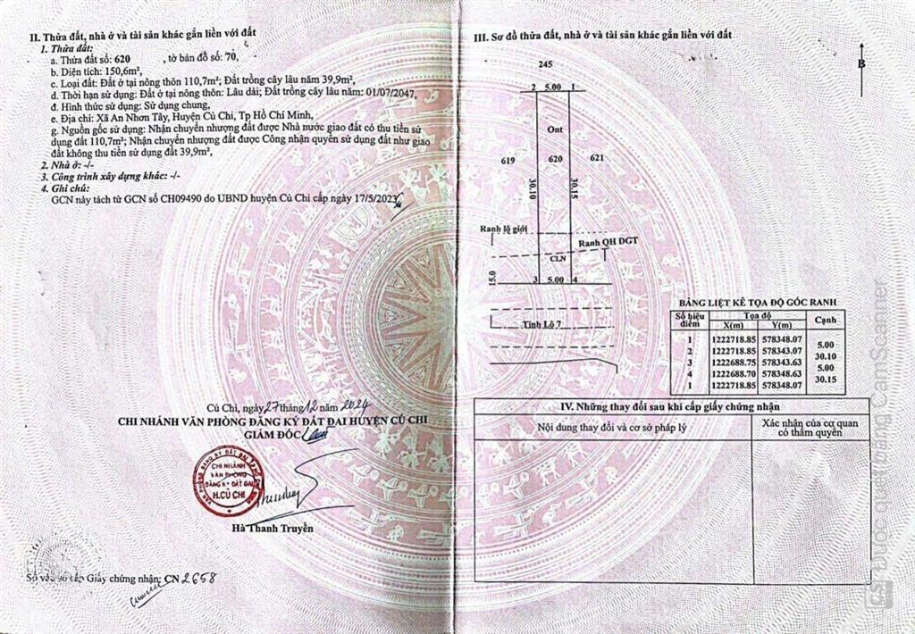 Bán đất mặt tiền đườngtỉnh lộ 7, xã an nhơn tây, dt=5x30=150, thổ cư fhun, giá chỉ có 2,1 tỷ,